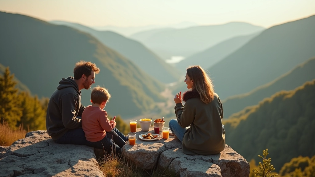 Rodina sedí a jí svačinu na skále s panoramatickým výhledem na údolí