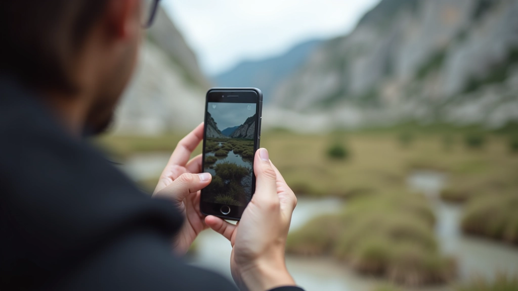 Blízký záběr fotografa s mobilním telefonem, kterak zachycuje detail skalního výchozu, přirozené světlo, profesionální postoj